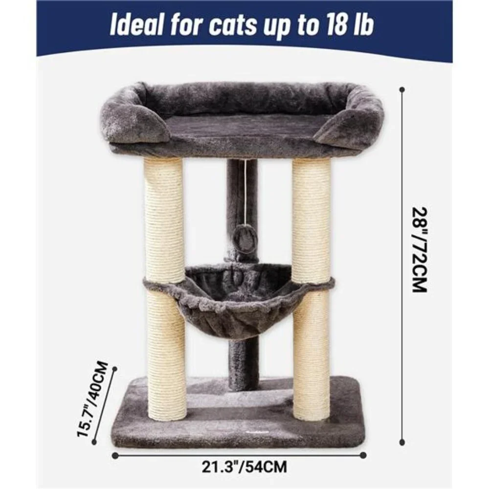 28 Inch Cat Tree Tower Large Cat Scratching Post with Bed Hammock for Maine Coon